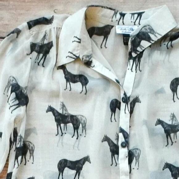 Tasha Polizzi Stallion Print Chiffon Blouse Button‎ Down Shirt Size Medium - Picture 3 of 9